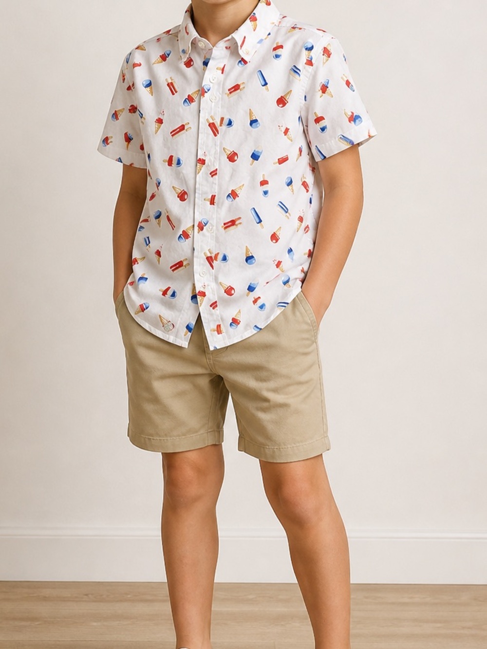 Janie And Jack Kids Ice Cream Print Button Down Shirt - White